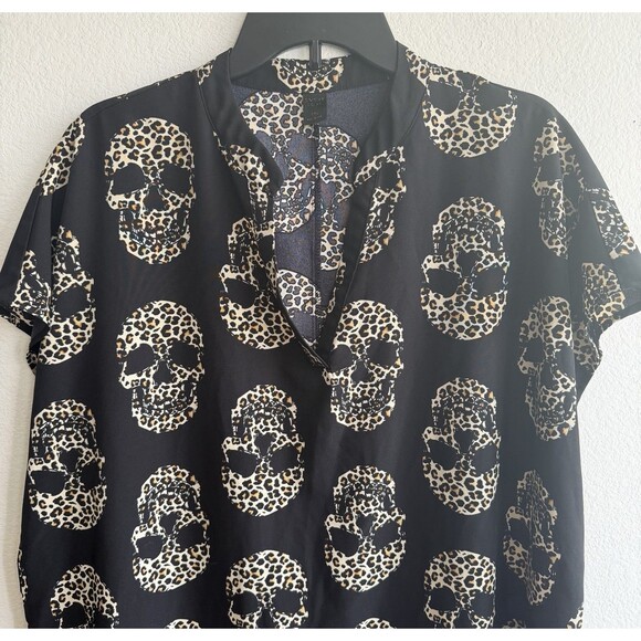 Emery Rose Dress Plus Sz 2XL Leopard Skull Print Cap Sleeve Black Split Neck - Picture 2 of 8